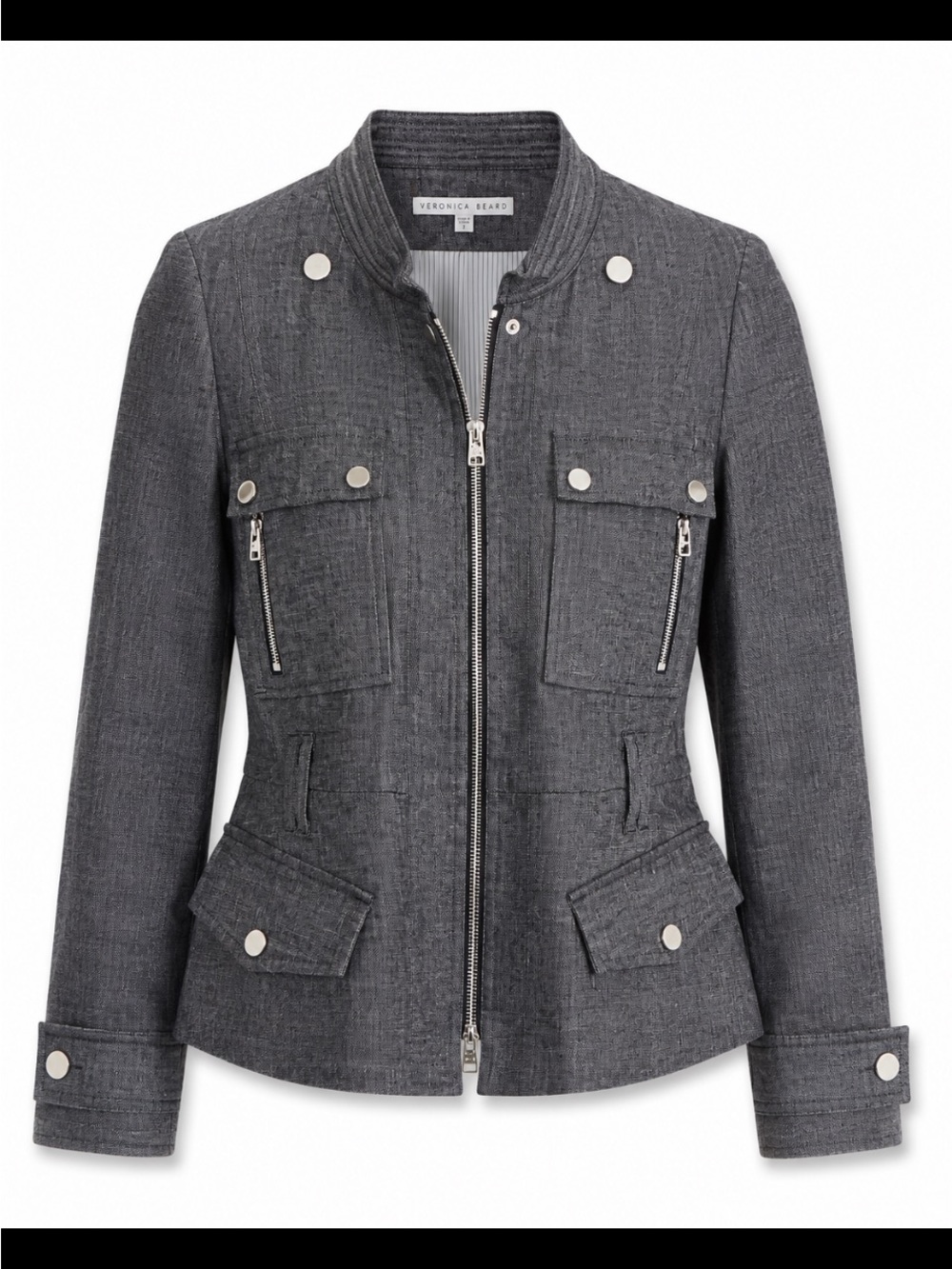 Veronica Beard Gray Linen Blend Utility Jacket Military Moto Silver Peplum